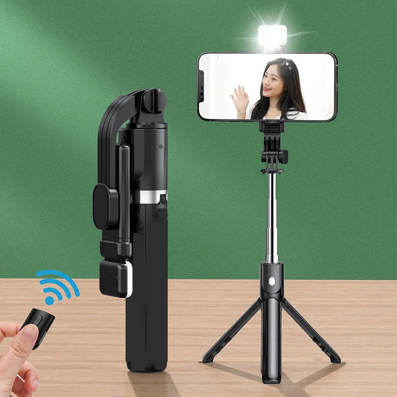 Bastão de Selfie com Tripé, Luz e Controle Bluetooth – Extensível até 103cm