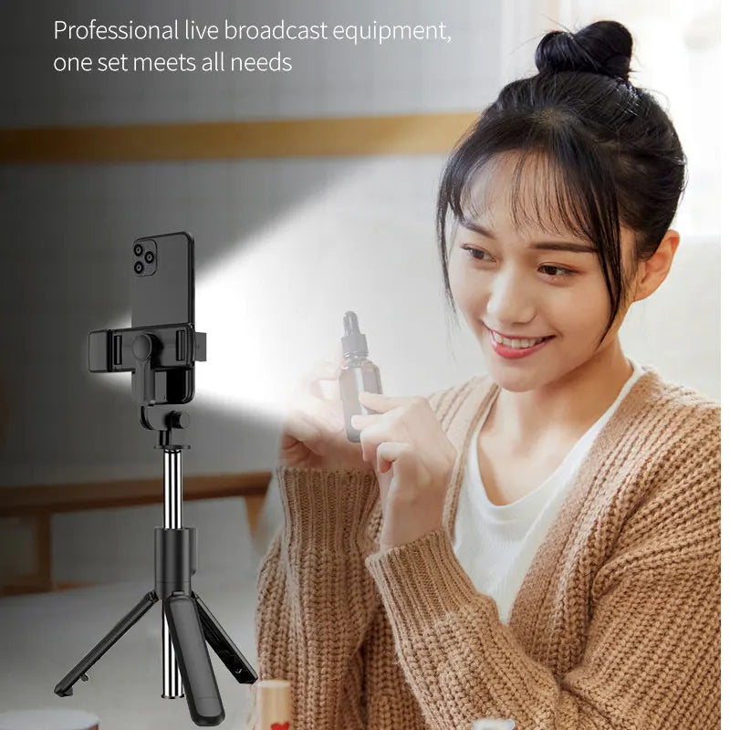 Bastão de Selfie com Tripé, Luz e Controle Bluetooth – Extensível até 103cm