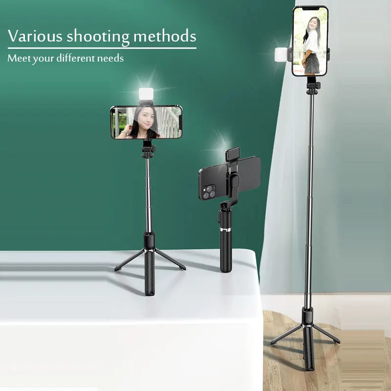 Bastão de Selfie com Tripé, Luz e Controle Bluetooth – Extensível até 103cm