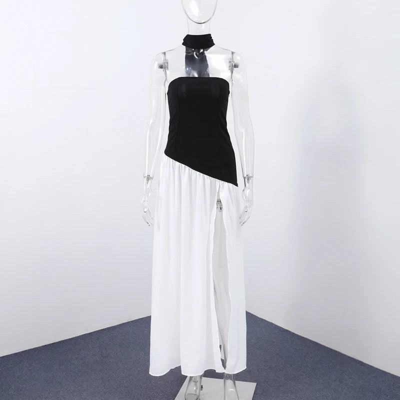 Vestido Longo Elegante com Recortes e Estampa Patchwork